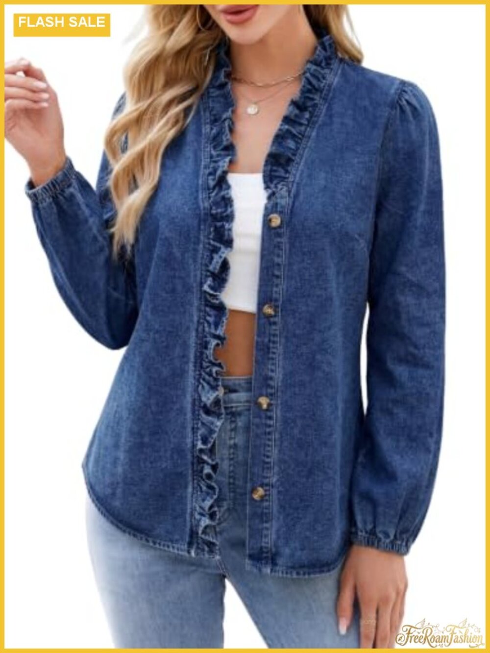 Women's Ruffle V-Neck Denim Jacket Long Sleeve Button Down Chambray Top